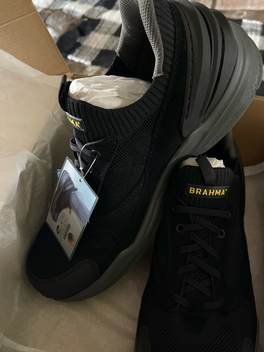 Brahma Black Men's Work Boots with Gray Sole and Yellow Branding